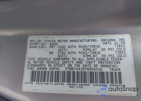 2000 Toyota Tundra Sr5 V8 из США, поврежденный, VIN 5TBBT4418YS054318